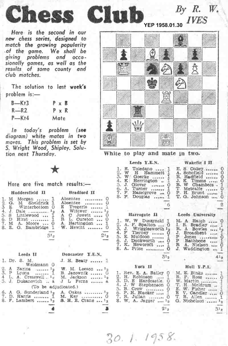 23 January 1958, Yorkshire Evening Post, chess column