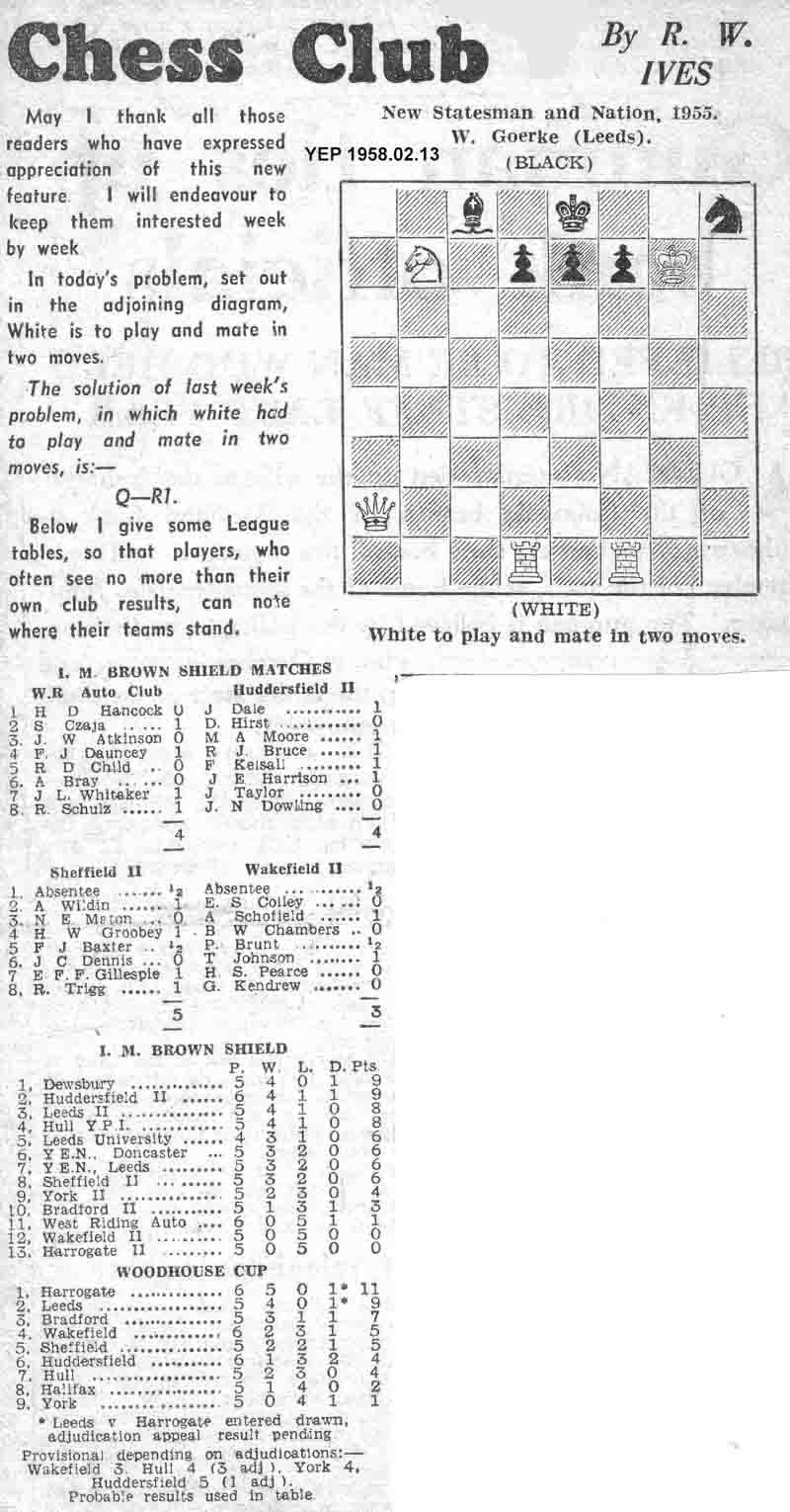 23 January 1958, Yorkshire Evening Post, chess column