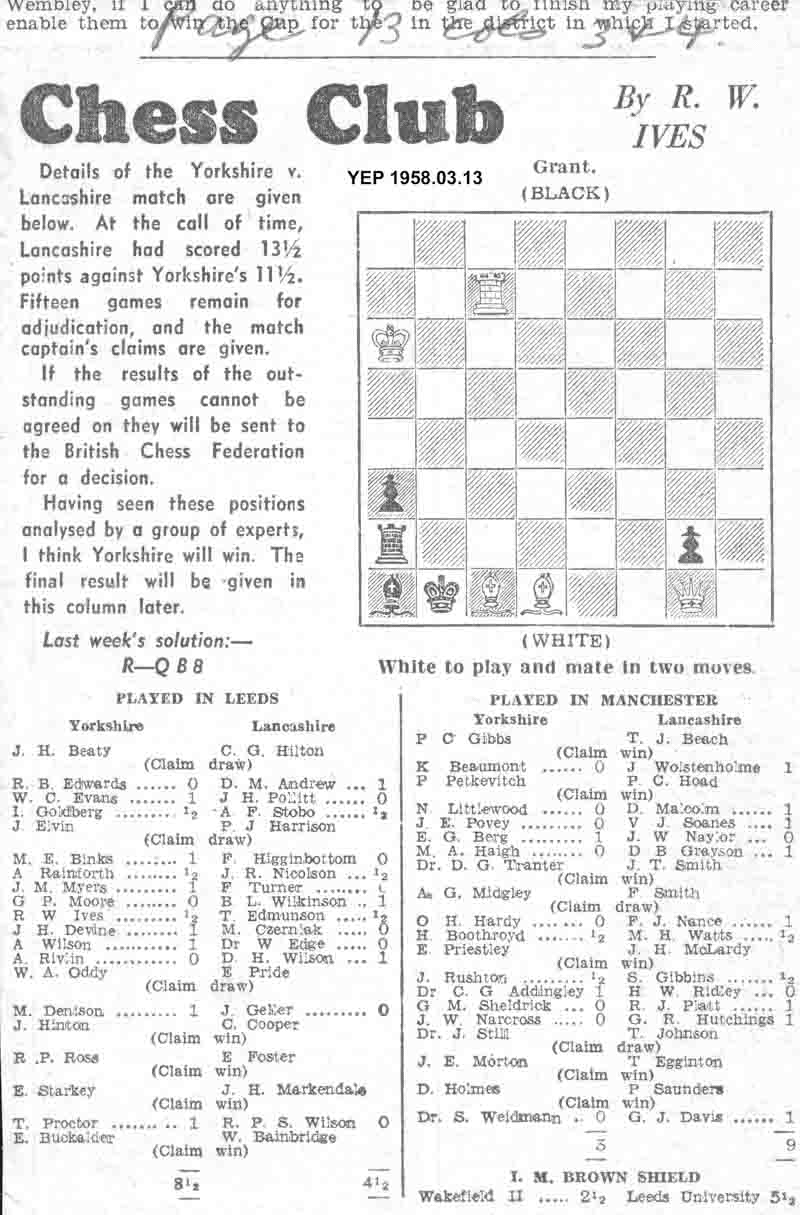 23 January 1958, Yorkshire Evening Post, chess column