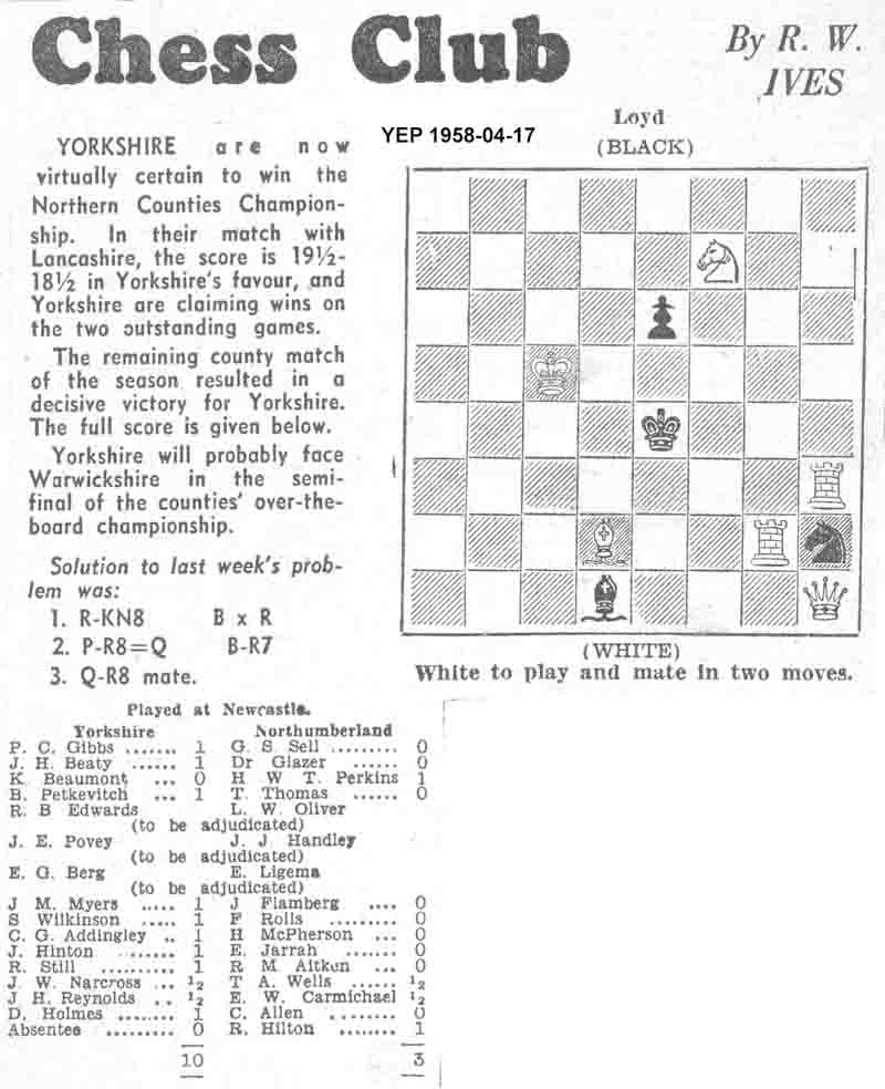 23 January 1958, Yorkshire Evening Post, chess column