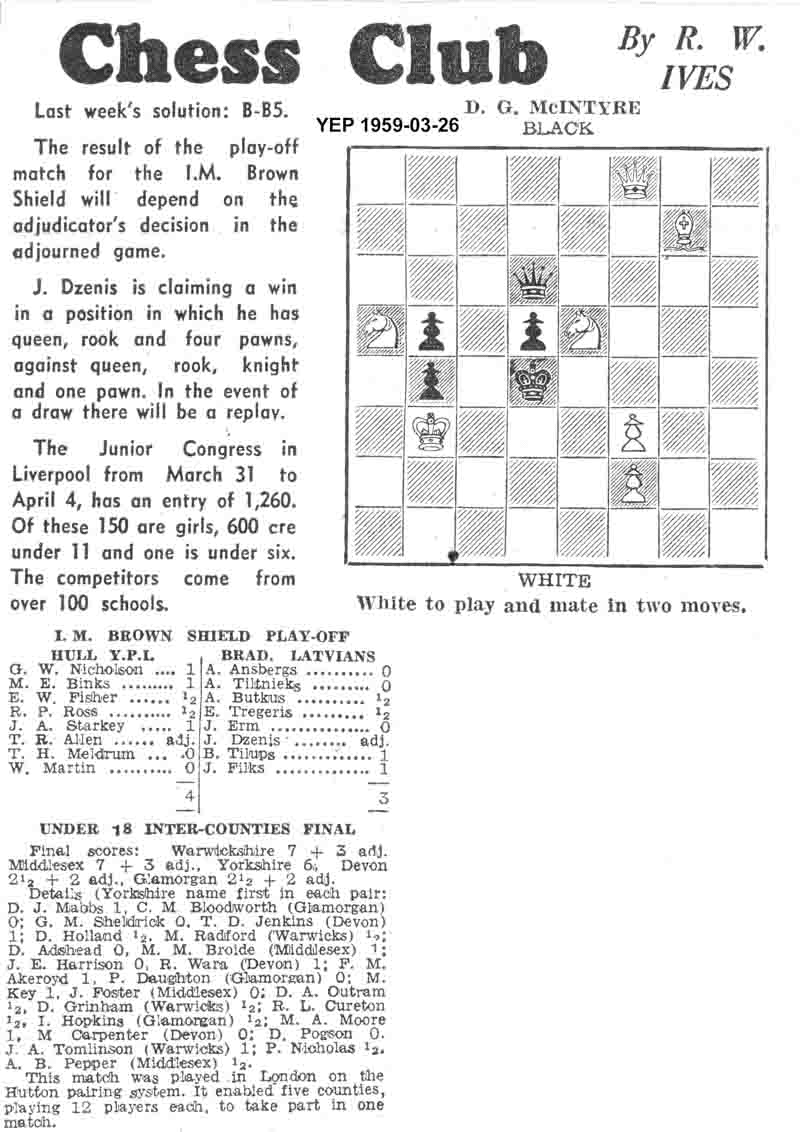 28 August 1958, Yorkshire Evening Post, chess column