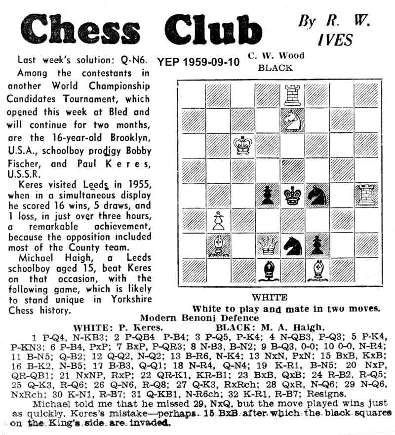 10 September 1959, Yorkshire Evening Post, chess column