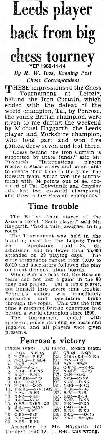 3 November 1960, Yorkshire Evening Post, chess column