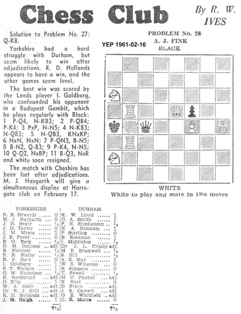 19 January 1961, Yorkshire Evening Post, chess column