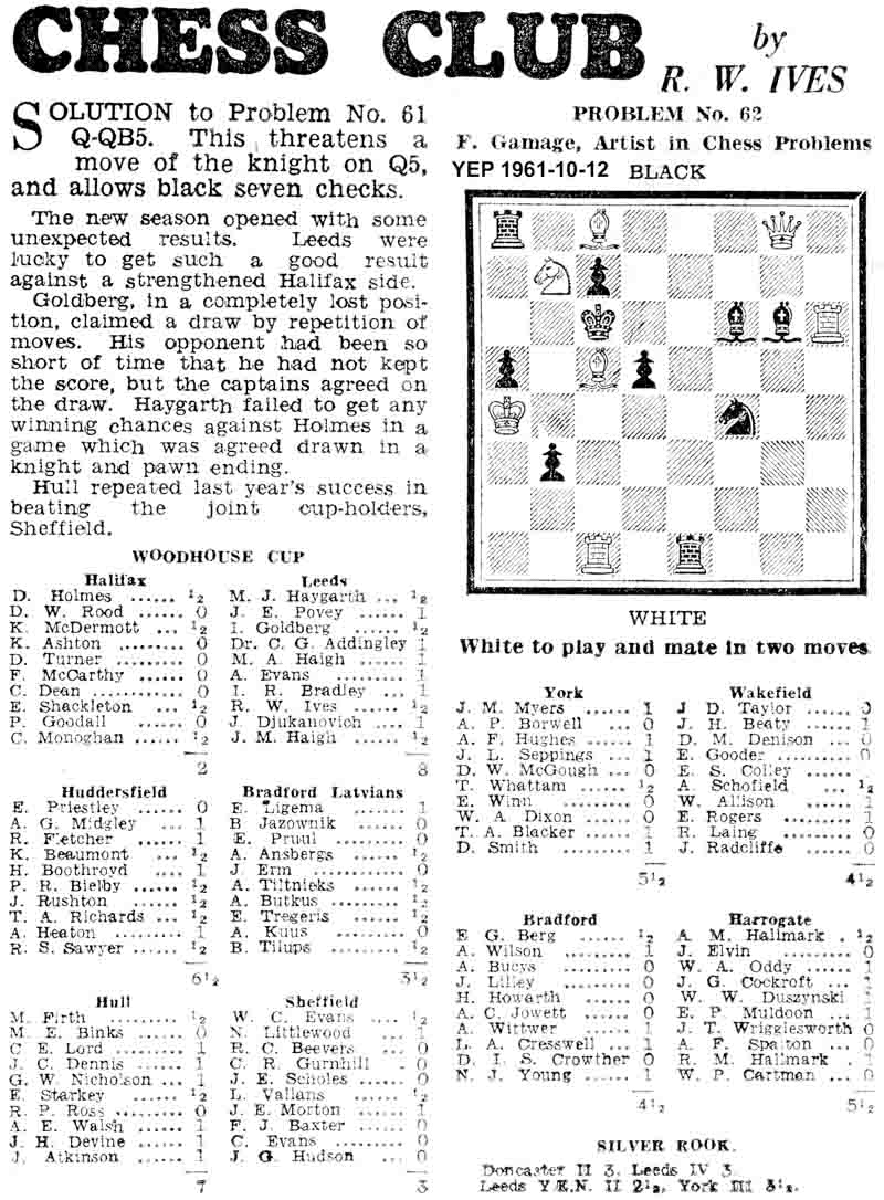 10 August 1961, Yorkshire Evening Post, chess column