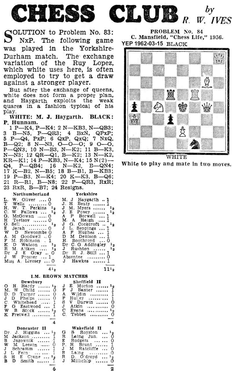 16 March 1962, Yorkshire Evening Post, chess column