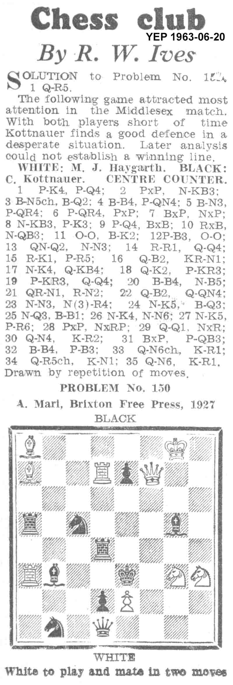 23 June 1960, Yorkshire Evening Post, chess column