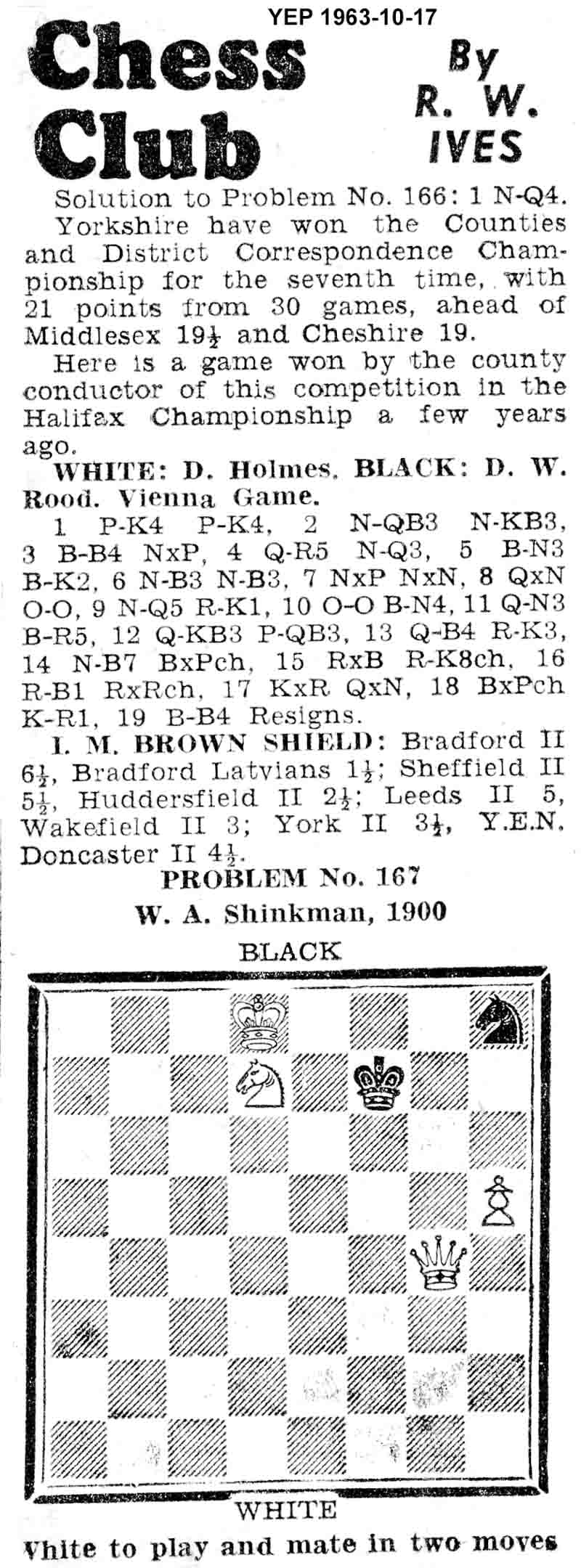 7 November 1963, Yorkshire Evening Post, chess column