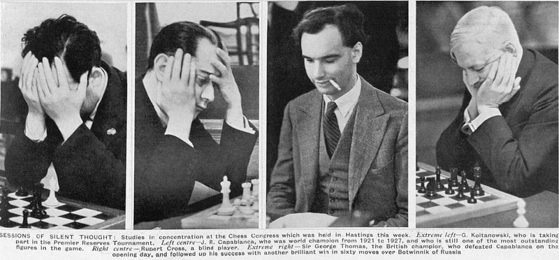 Hastings 1934/35 photos of Koltanowski, Capablanca, Cross, Thomas