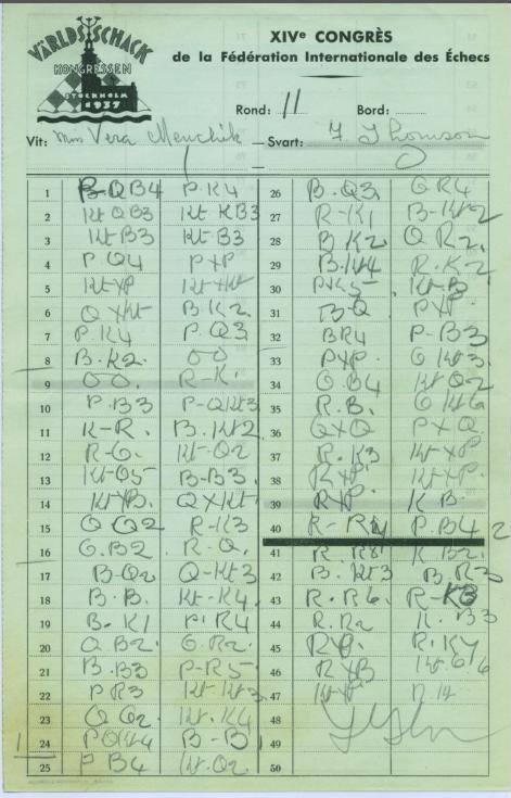 1937 score of vera Menchik 1-0 F Thomson