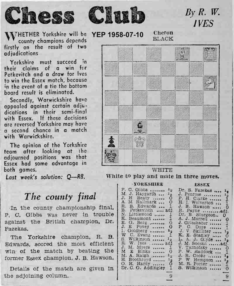 10 July 1958, Yorkshire Evening Post, chess column