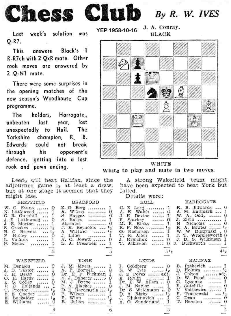 23 October 1958, Yorkshire Evening Post, chess column