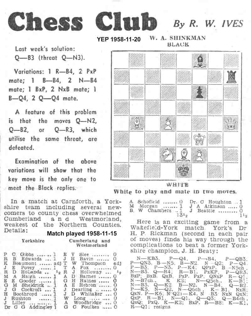 20 November 1958, Yorkshire Evening Post, chess column