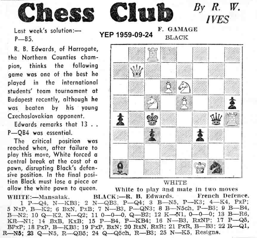 24 September 1959, Yorkshire Evening Post, chess column