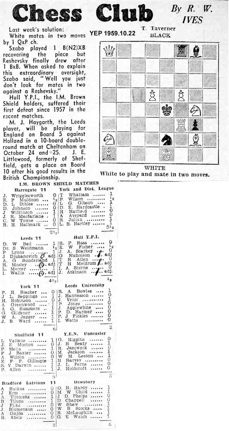 22 October 1959, Yorkshire Evening Post, chess column