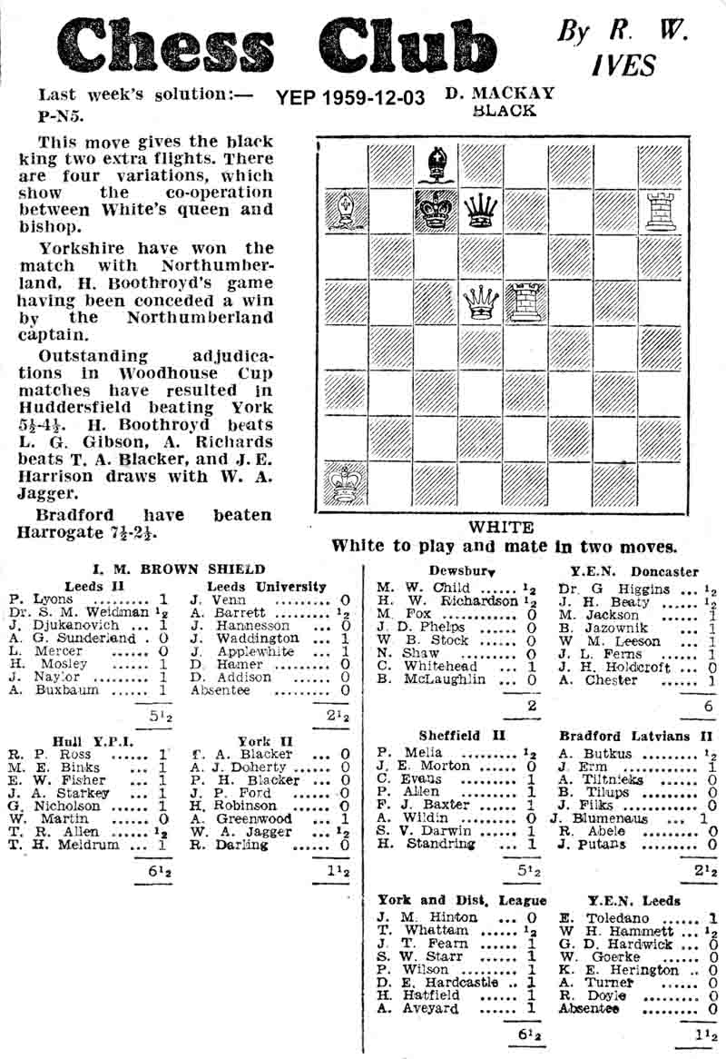 26 November 1959, Yorkshire Evening Post, chess column