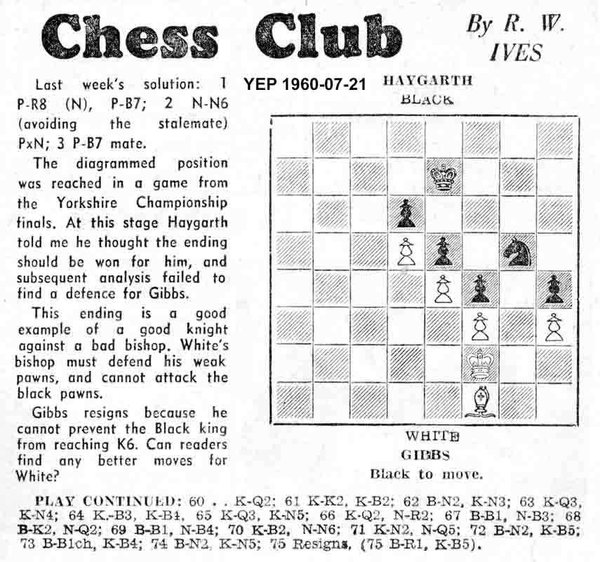 21 July 1960, Yorkshire Evening Post, chess column