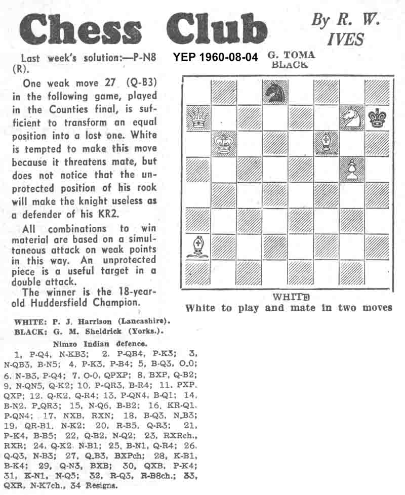 4 August 1960, Yorkshire Evening Post, chess column