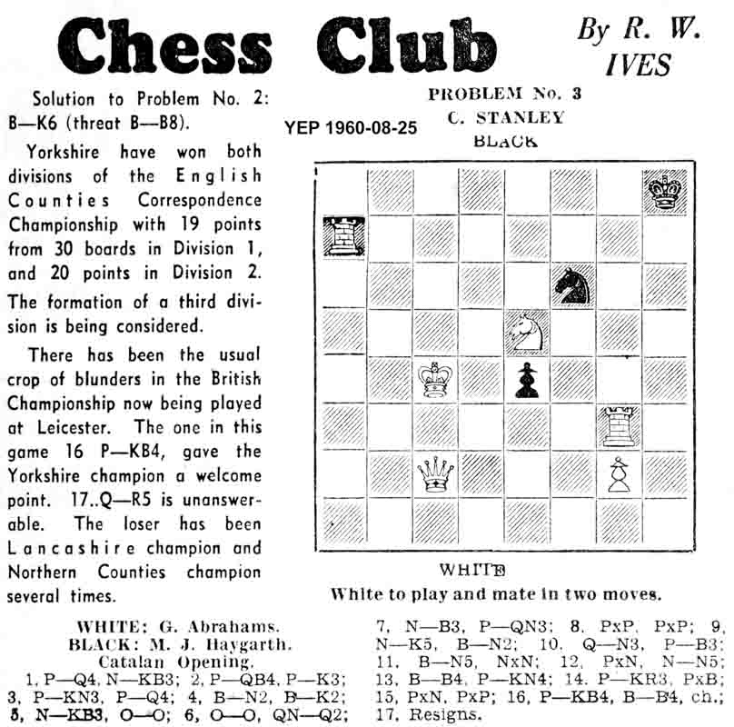 25 August 1960, Yorkshire Evening Post, chess column
