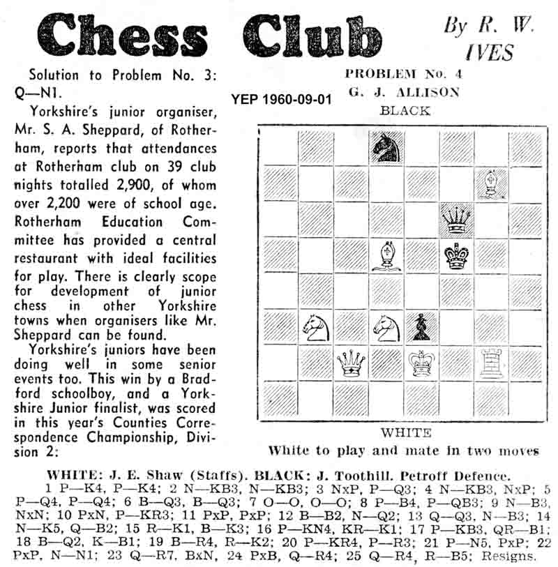 1 September 1960, Yorkshire Evening Post, chess column