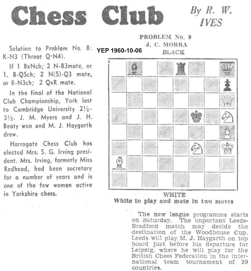 15 September 1960, Yorkshire Evening Post, chess column