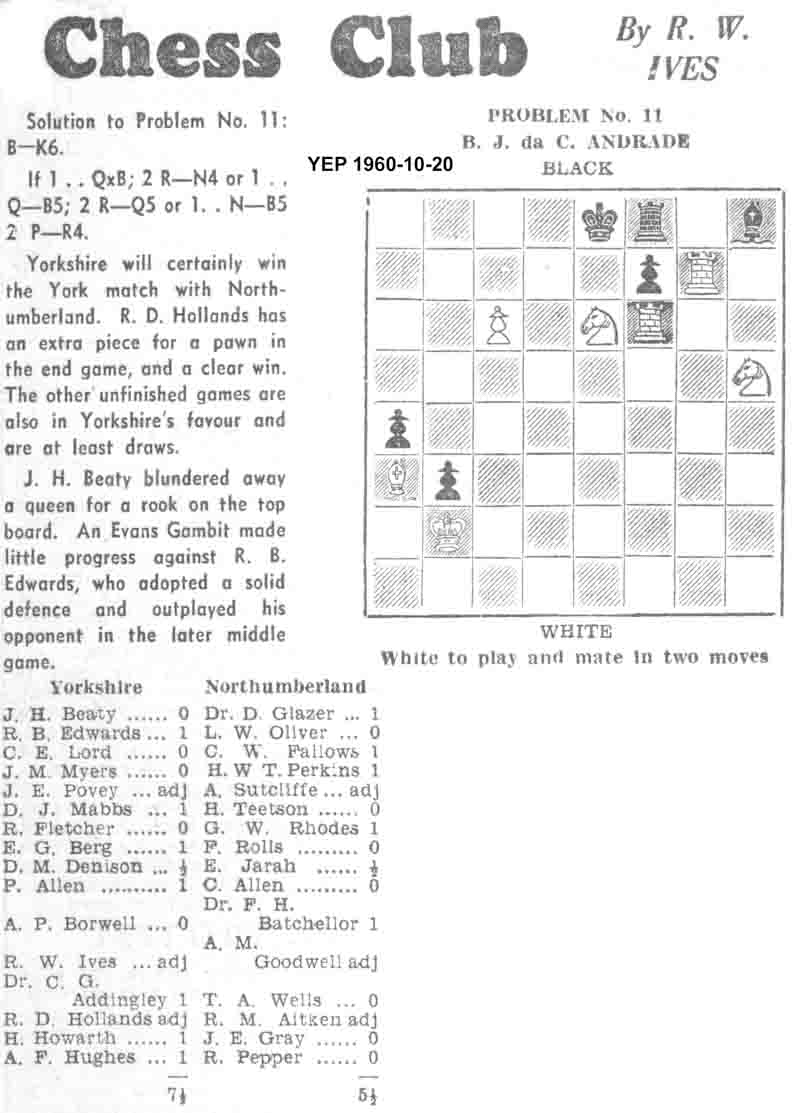 20 October 1960, Yorkshire Evening Post, chess column