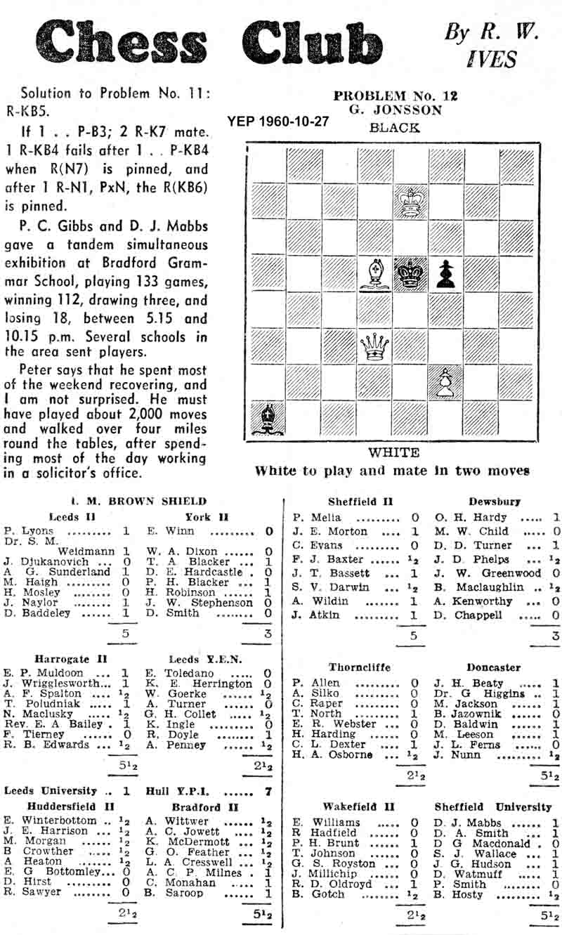 27 October 1960, Yorkshire Evening Post, chess column