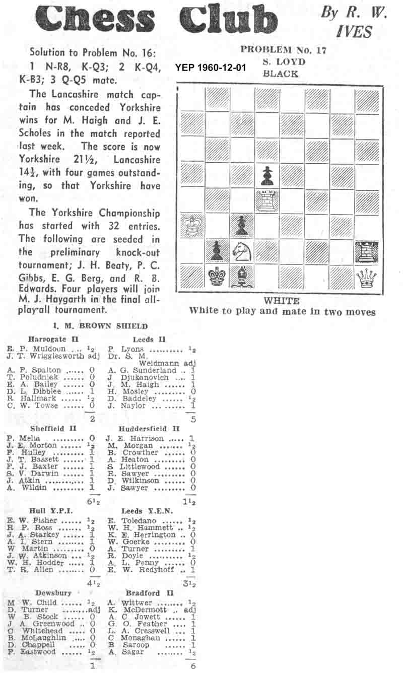 1 December 1960, Yorkshire Evening Post, chess column