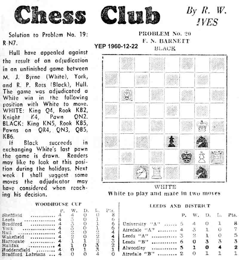 22 December 1960, Yorkshire Evening Post, chess column