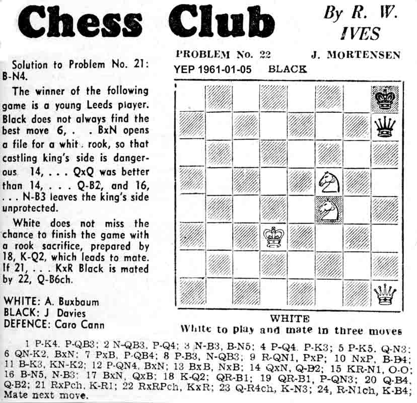29 December 1960, Yorkshire Evening Post, chess column