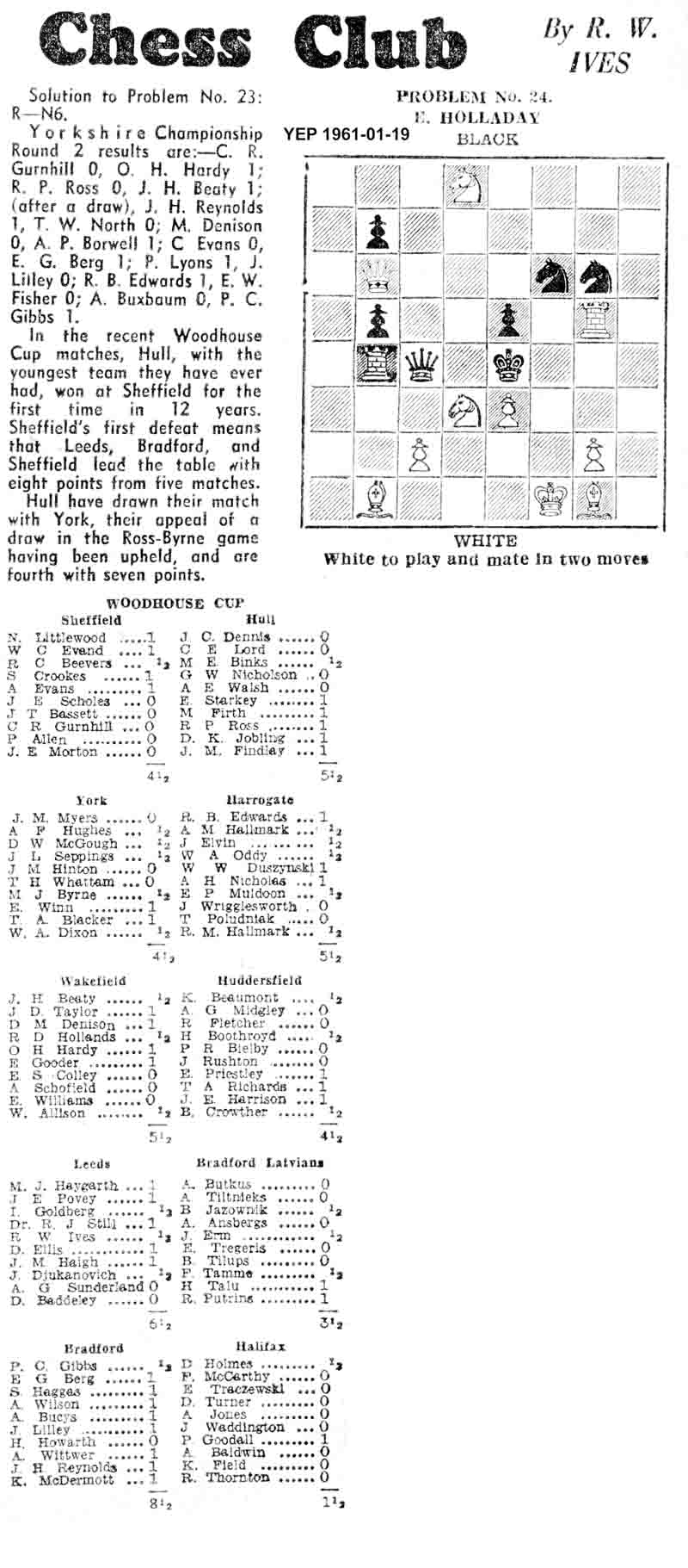 19 January 1961, Yorkshire Evening Post, chess column