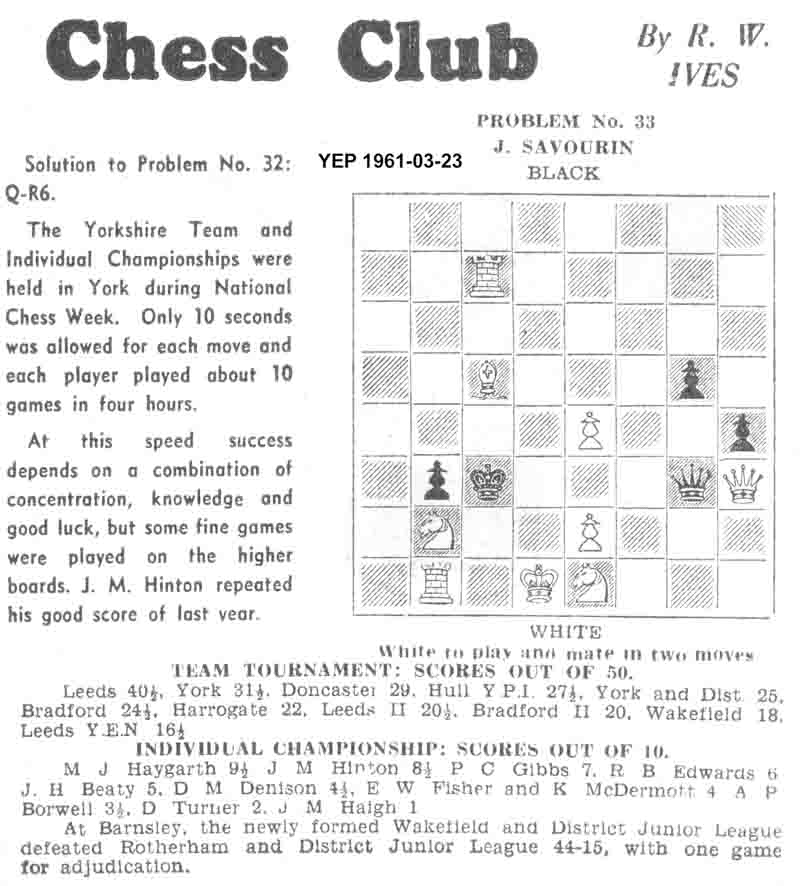 23 March 1961, Yorkshire Evening Post, chess column