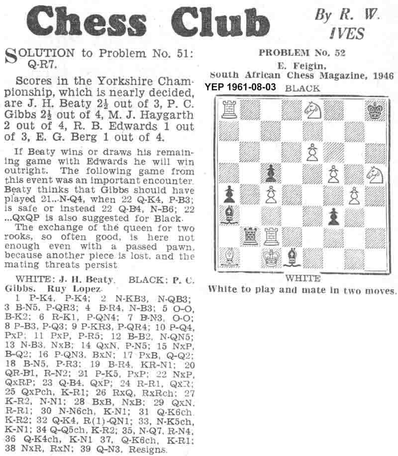 3 August 1961, Yorkshire Evening Post, chess column