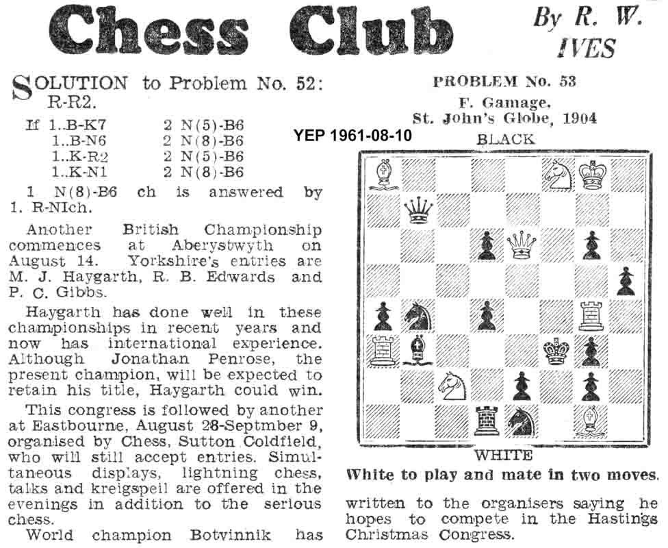 10 August 1961, Yorkshire Evening Post, chess column