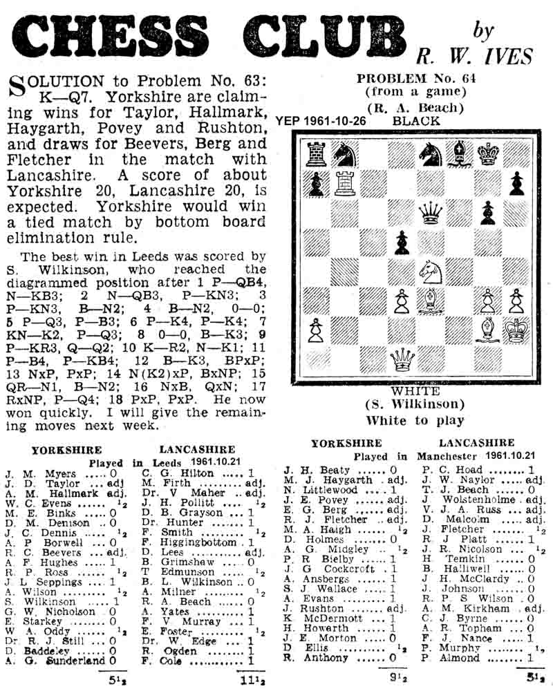 26 October 1961, Yorkshire Evening Post, chess column