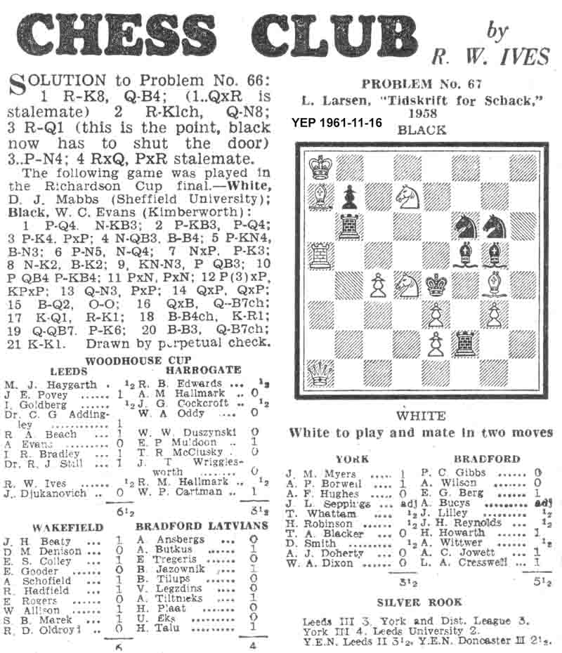 9 November 1961, Yorkshire Evening Post, chess column