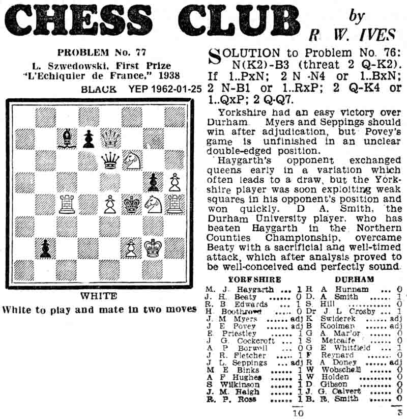 25 January 1962, Yorkshire Evening Post, chess column
