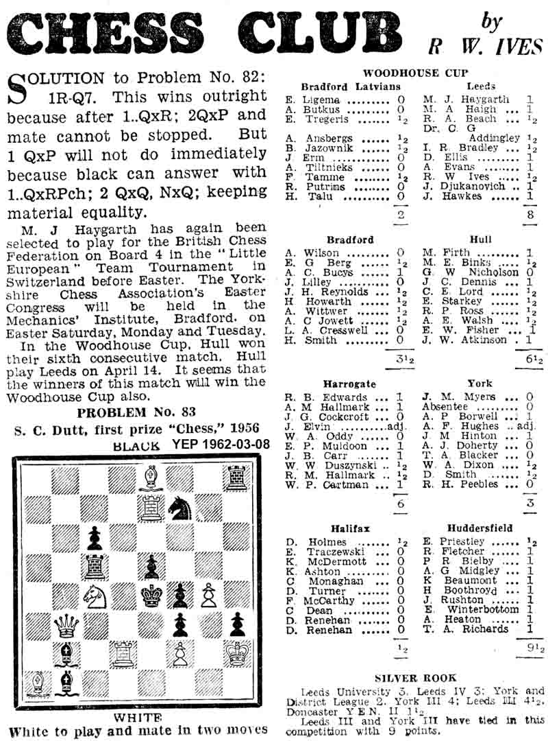 1 March 1962, Yorkshire Evening Post, chess column