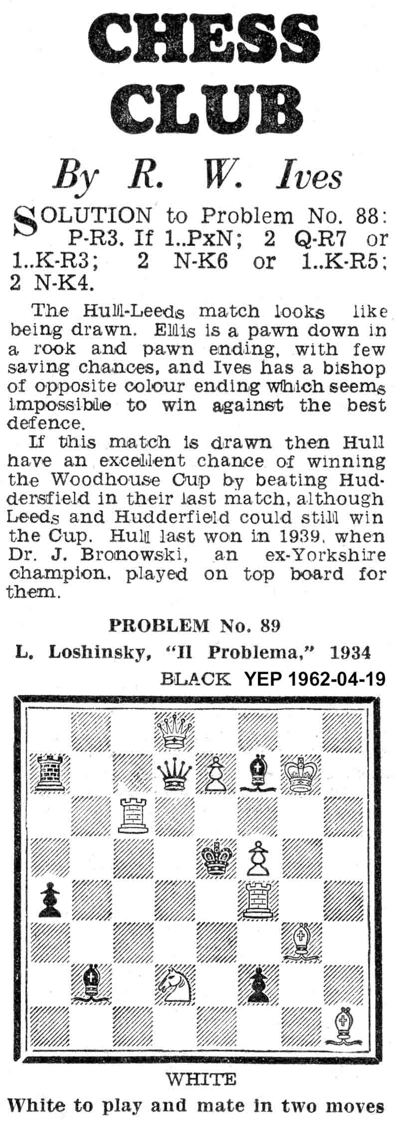 12 April 1962, Yorkshire Evening Post, chess column