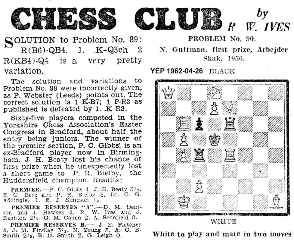 26 April 1962, Yorkshire Evening Post, chess column
