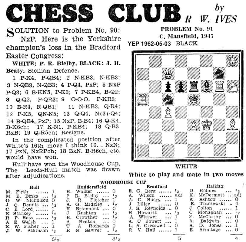 26 April 1962, Yorkshire Evening Post, chess column
