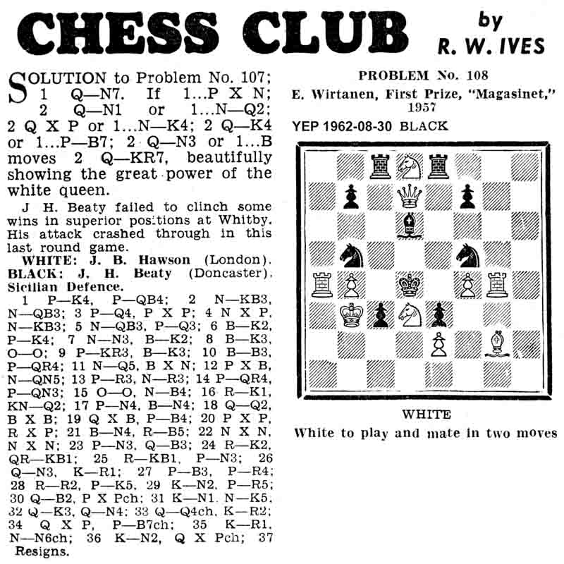 30 August 1962, Yorkshire Evening Post, chess column
