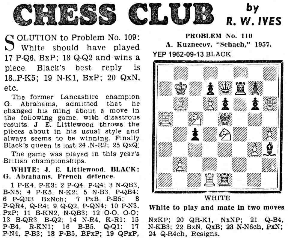 6 September 1962, Yorkshire Evening Post, chess column