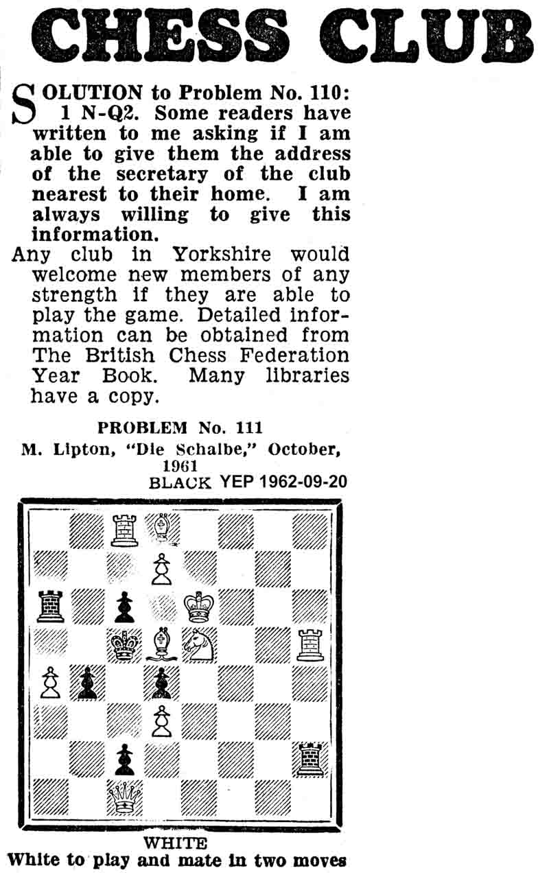 6 September 1962, Yorkshire Evening Post, chess column