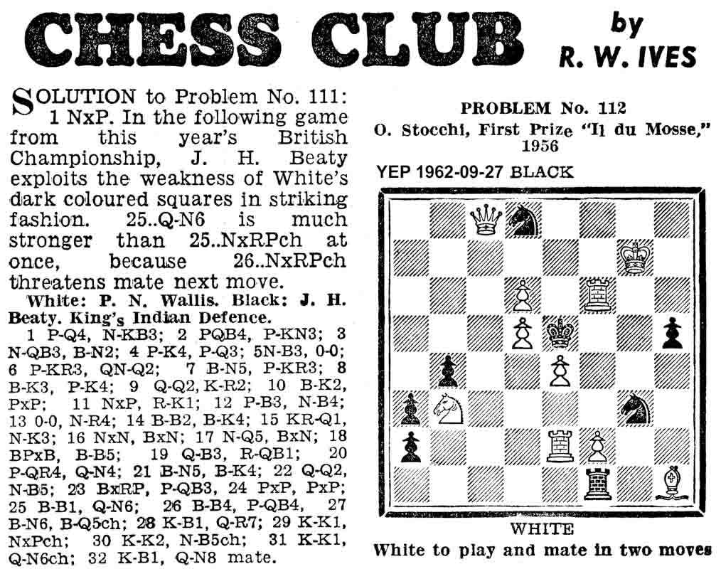 27 September 1962, Yorkshire Evening Post, chess column