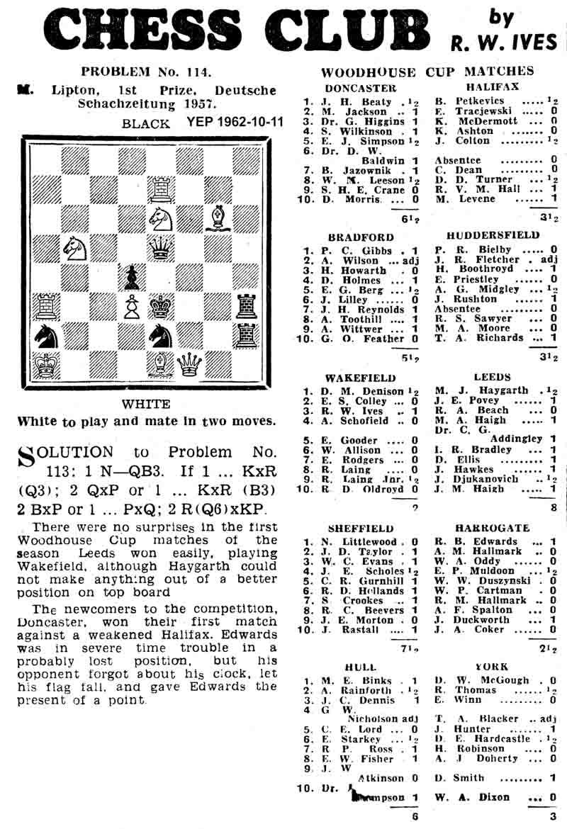 11 October 1962, Yorkshire Evening Post, chess column