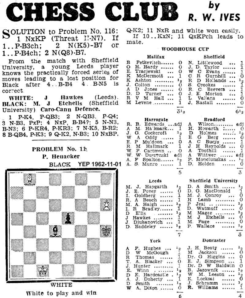1 November 1962, Yorkshire Evening Post, chess column