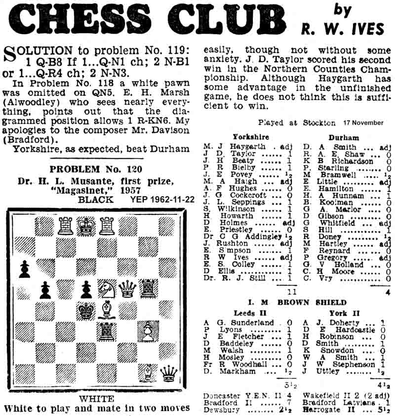 22 November 1962, Yorkshire Evening Post, chess column