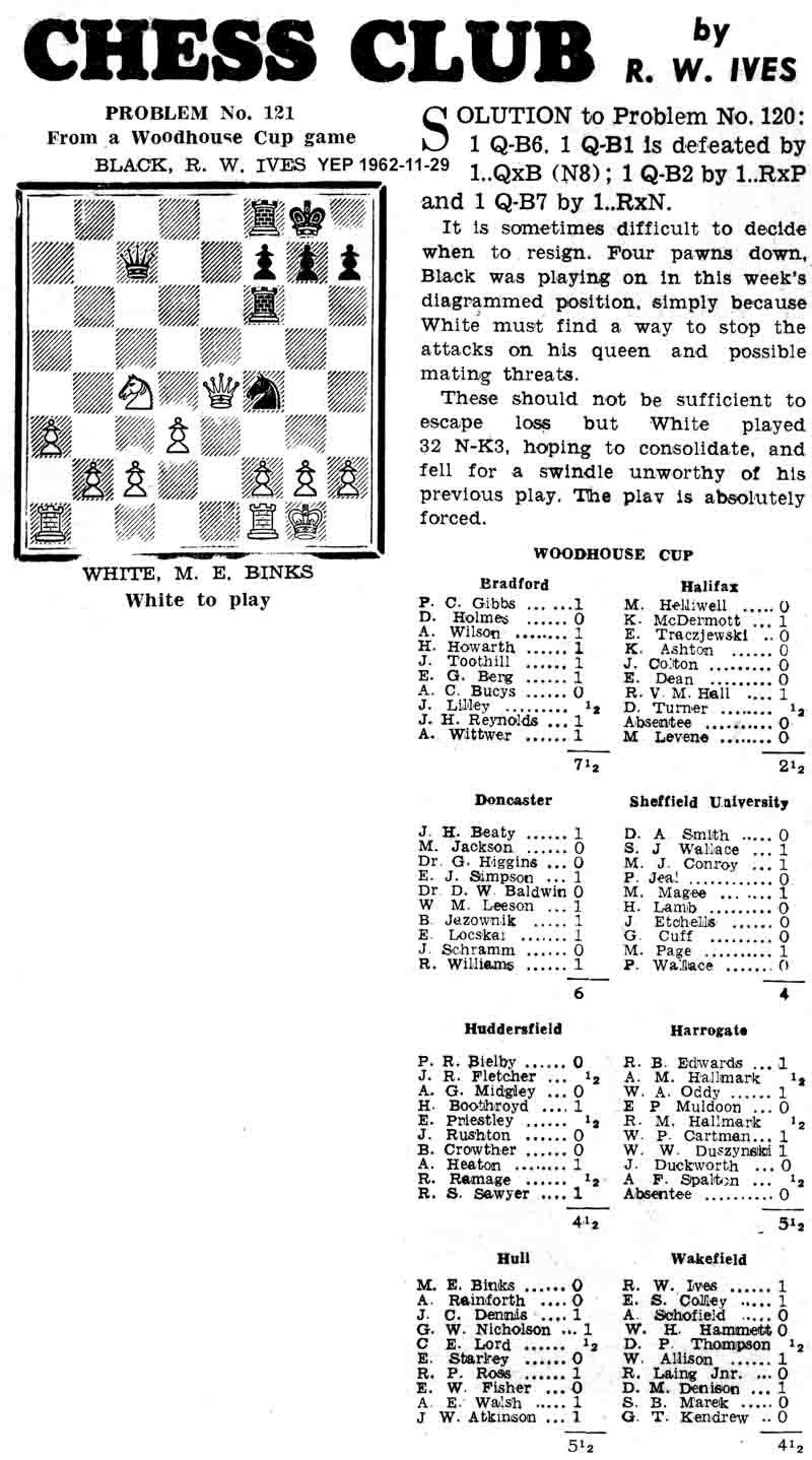 29 November 1962, Yorkshire Evening Post, chess column