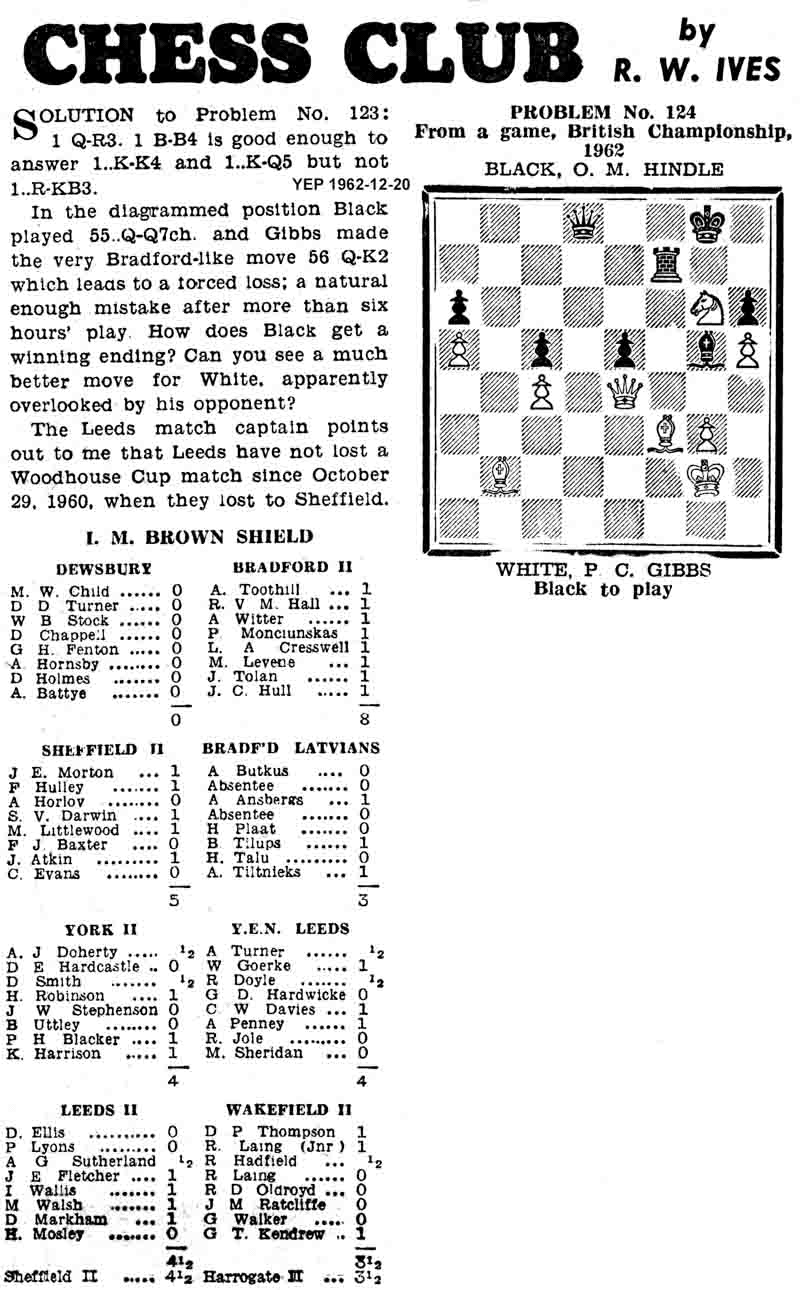 20 December 1962, Yorkshire Evening Post, chess column